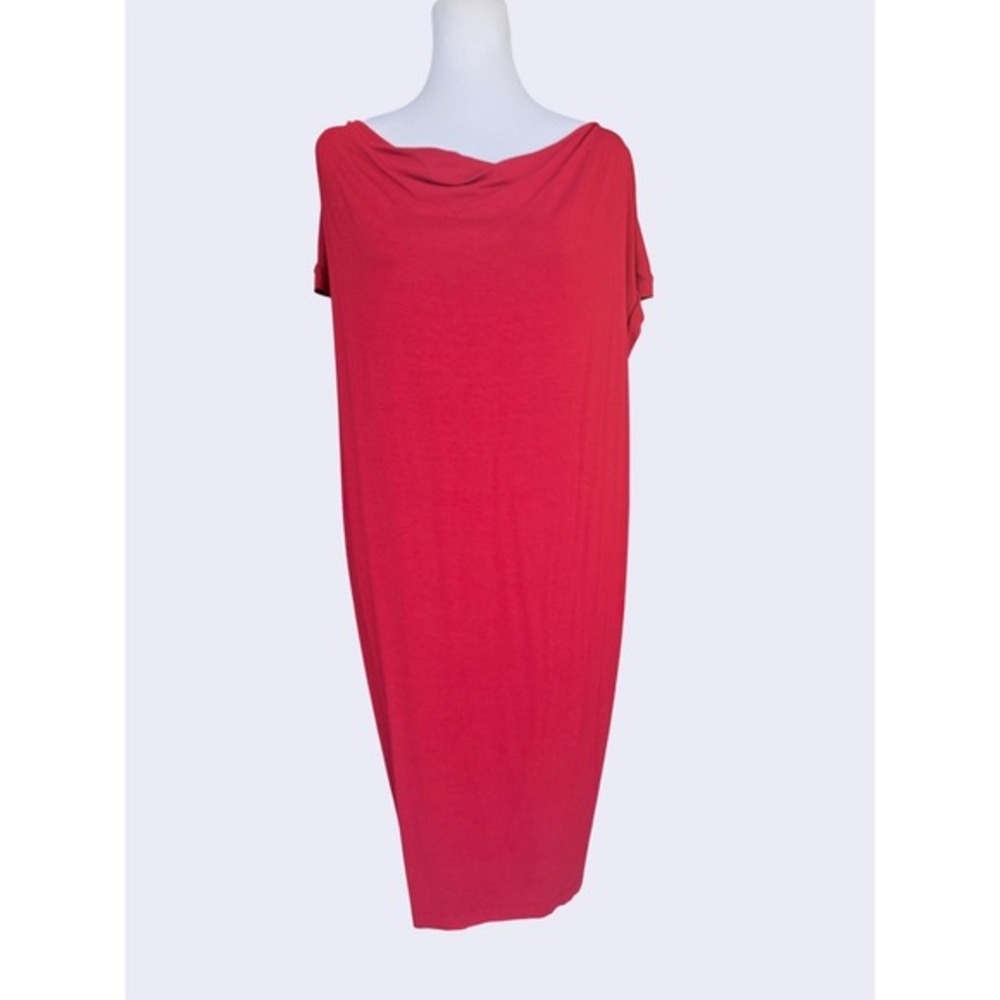 Eileen Fisher Red Cowl Neck Midi Dress Womens Medium Short‎ Sleeve